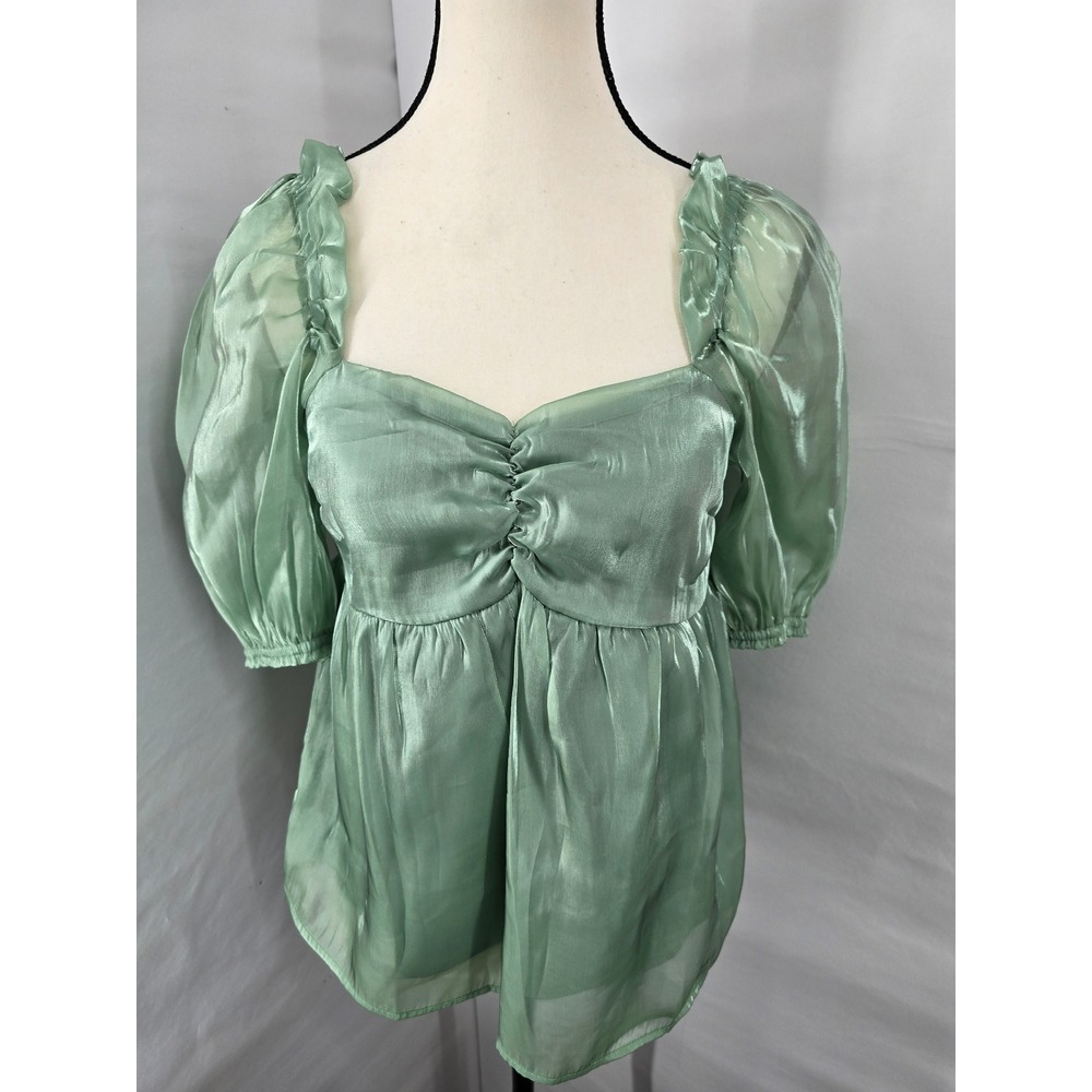 Altar'd State Sage Green Organza Puff Sleeve‎ Babydoll Blouse XS Sweetheart Top